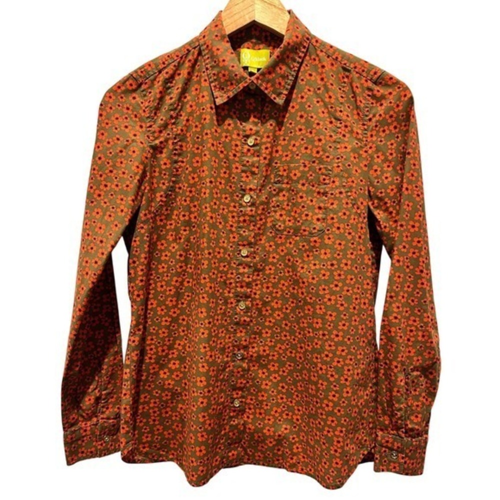 QMack Floral Button Down Shirt Womens S Orange Olive Green Excellent Cotton - Picture 2 of 8